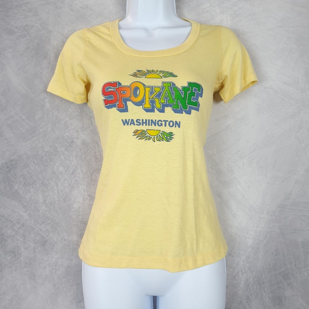 Vintage 80s Spokane Washington Shirt Womens Small Yellow Scoop Neck Fitted Retro